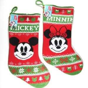LOT Disney MICKY and MINNIE MOUSE Knit 2 Large 19" CHRISTMAS STOCKINGS